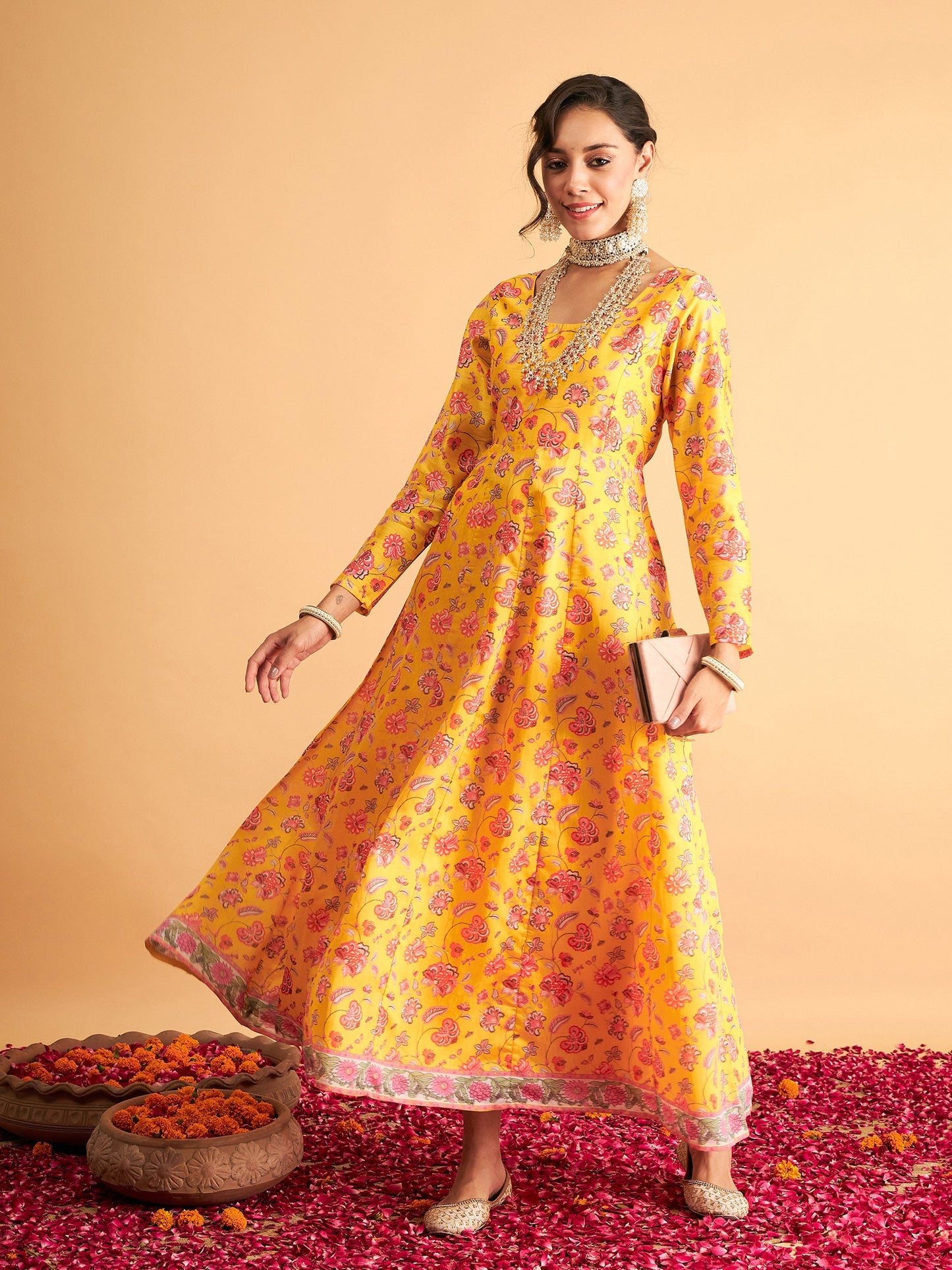 Yellow Floral Anarkali Maxi Dress