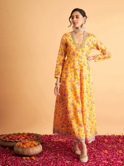 Yellow Floral Anarkali Maxi Dress