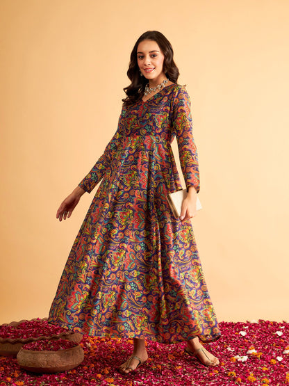 Purple Floral V Neck Anarkali Maxi Dress