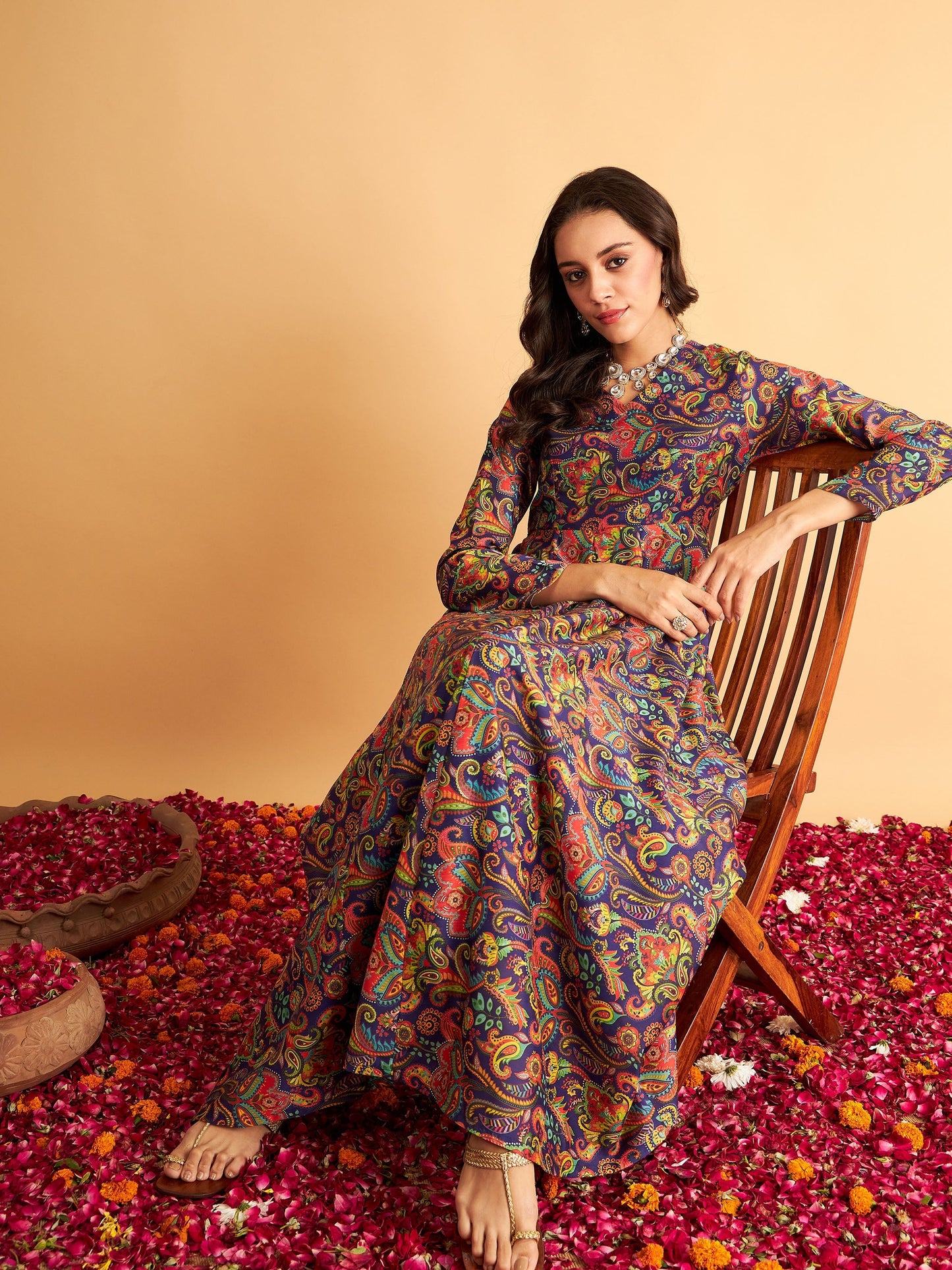 Purple Floral V Neck Anarkali Maxi Dress
