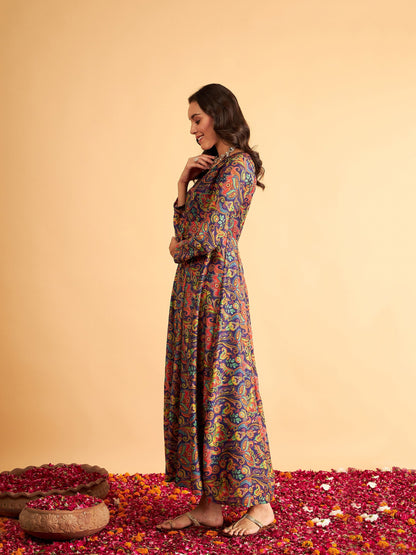 Purple Floral V Neck Anarkali Maxi Dress