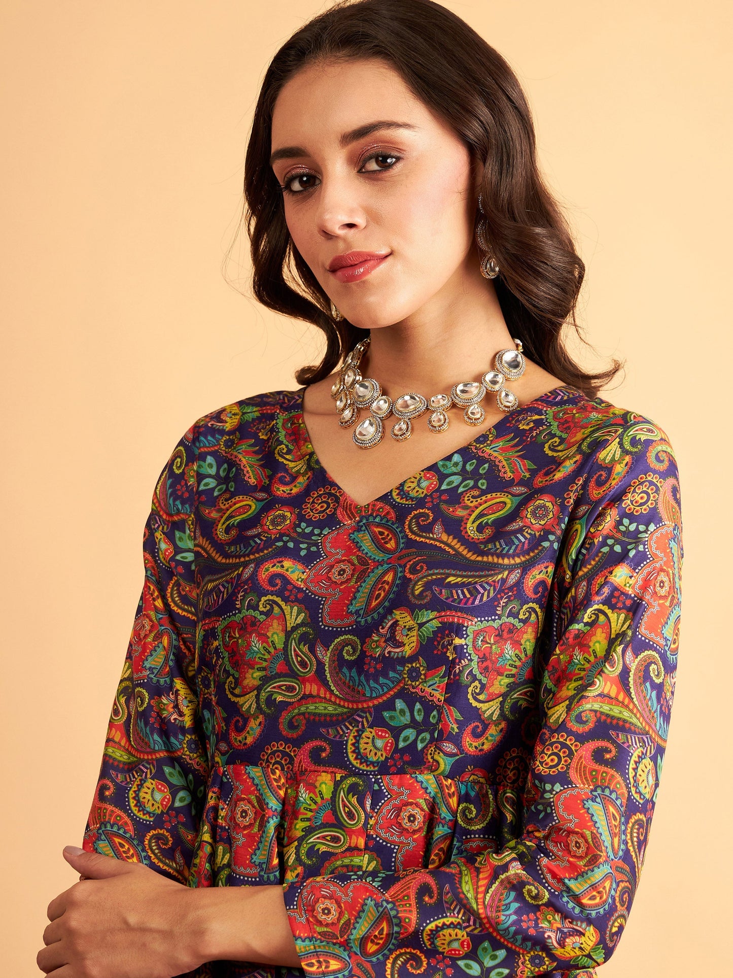 Purple Floral V Neck Anarkali Maxi Dress