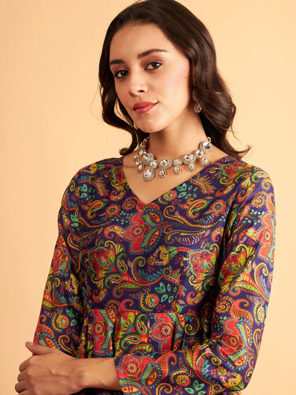 Purple Floral V Neck Anarkali Maxi Dress