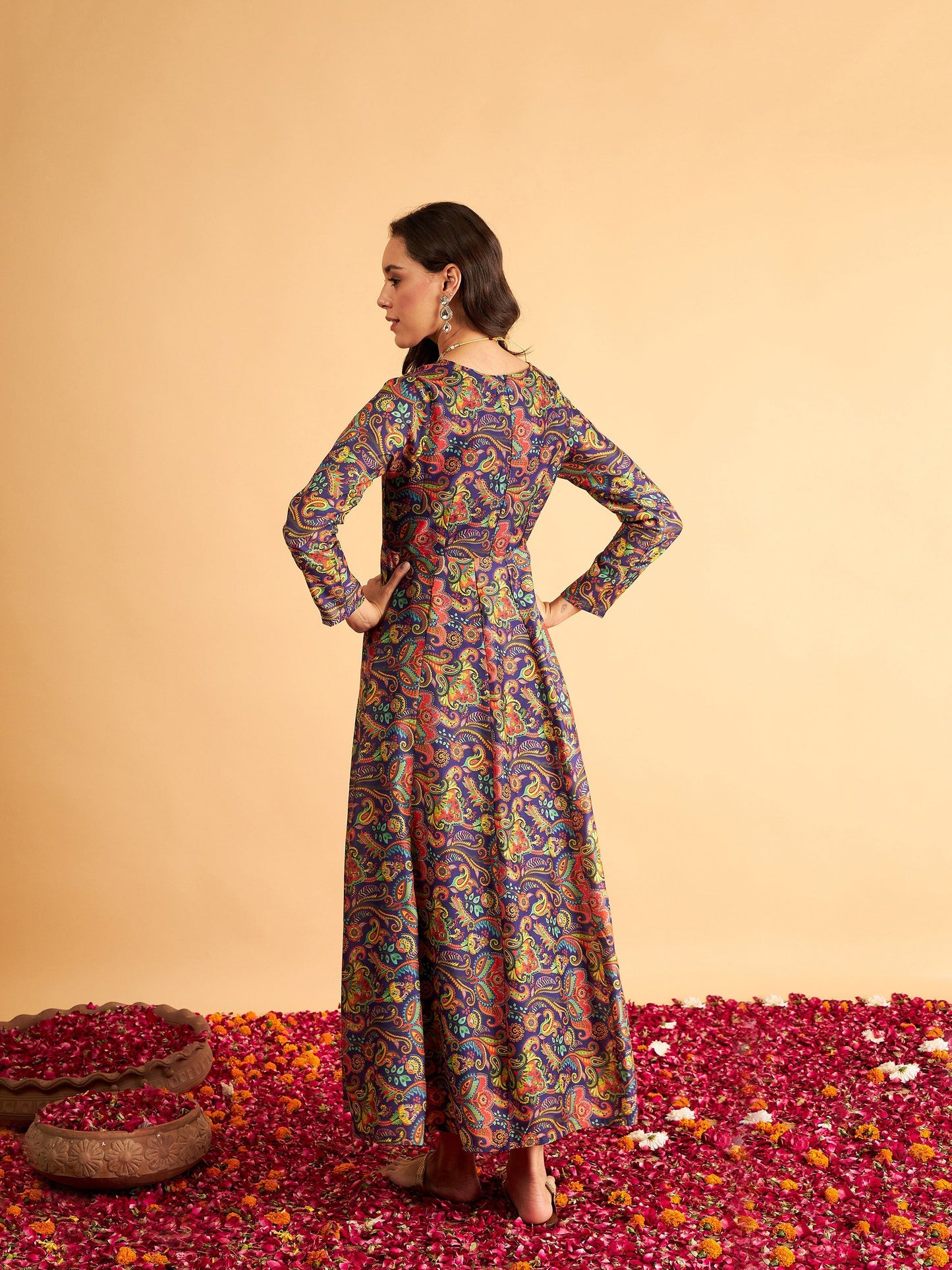 Purple Floral V Neck Anarkali Maxi Dress