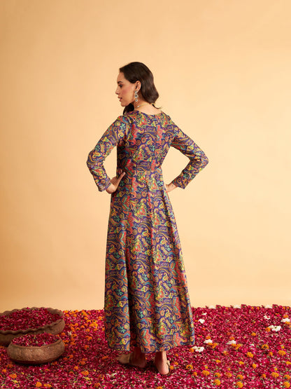 Purple Floral V Neck Anarkali Maxi Dress