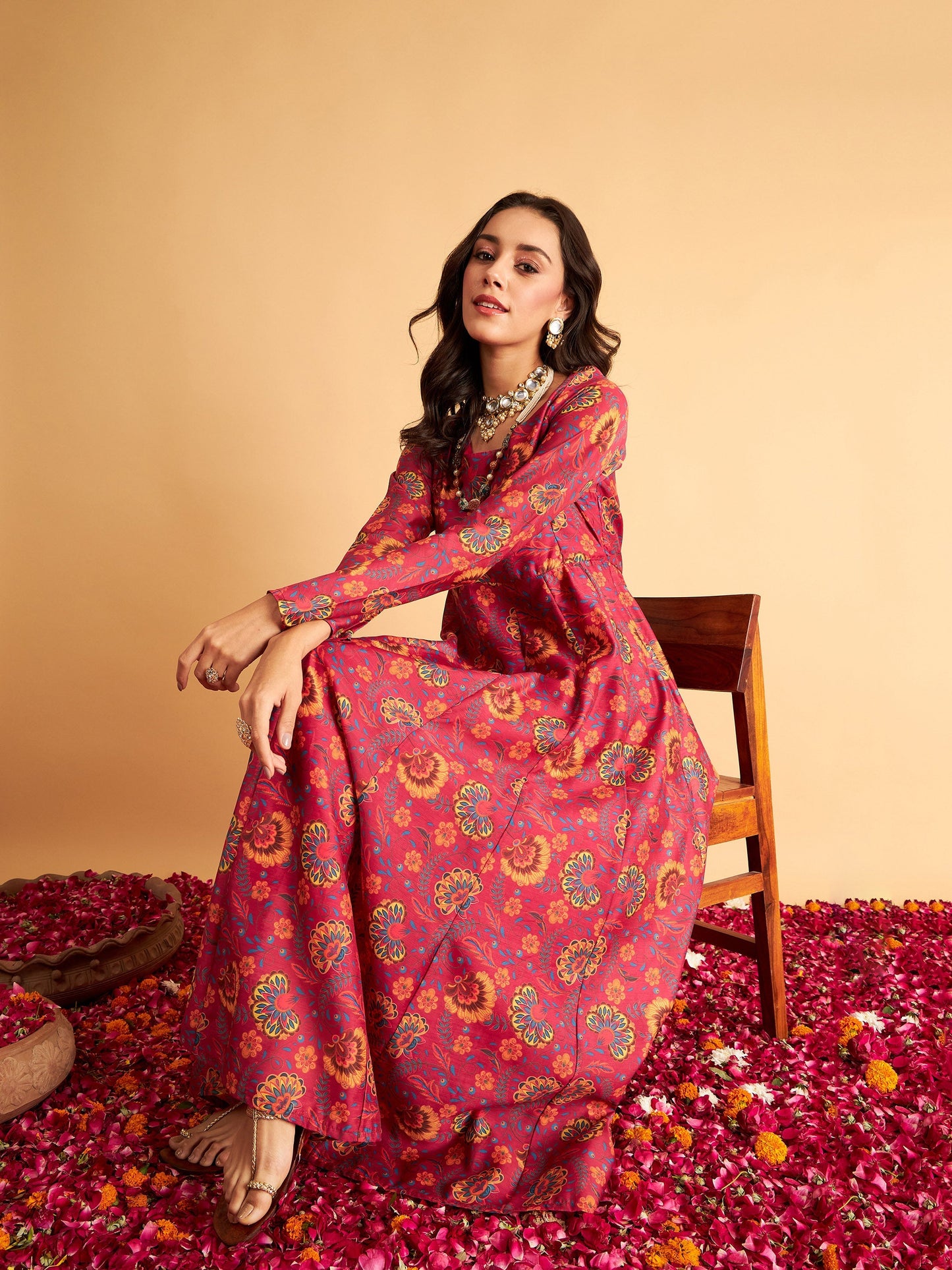 Fuchsia Floral Round Neck Anarkali Maxi Dress