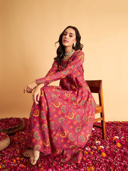 Fuchsia Floral Round Neck Anarkali Maxi Dress