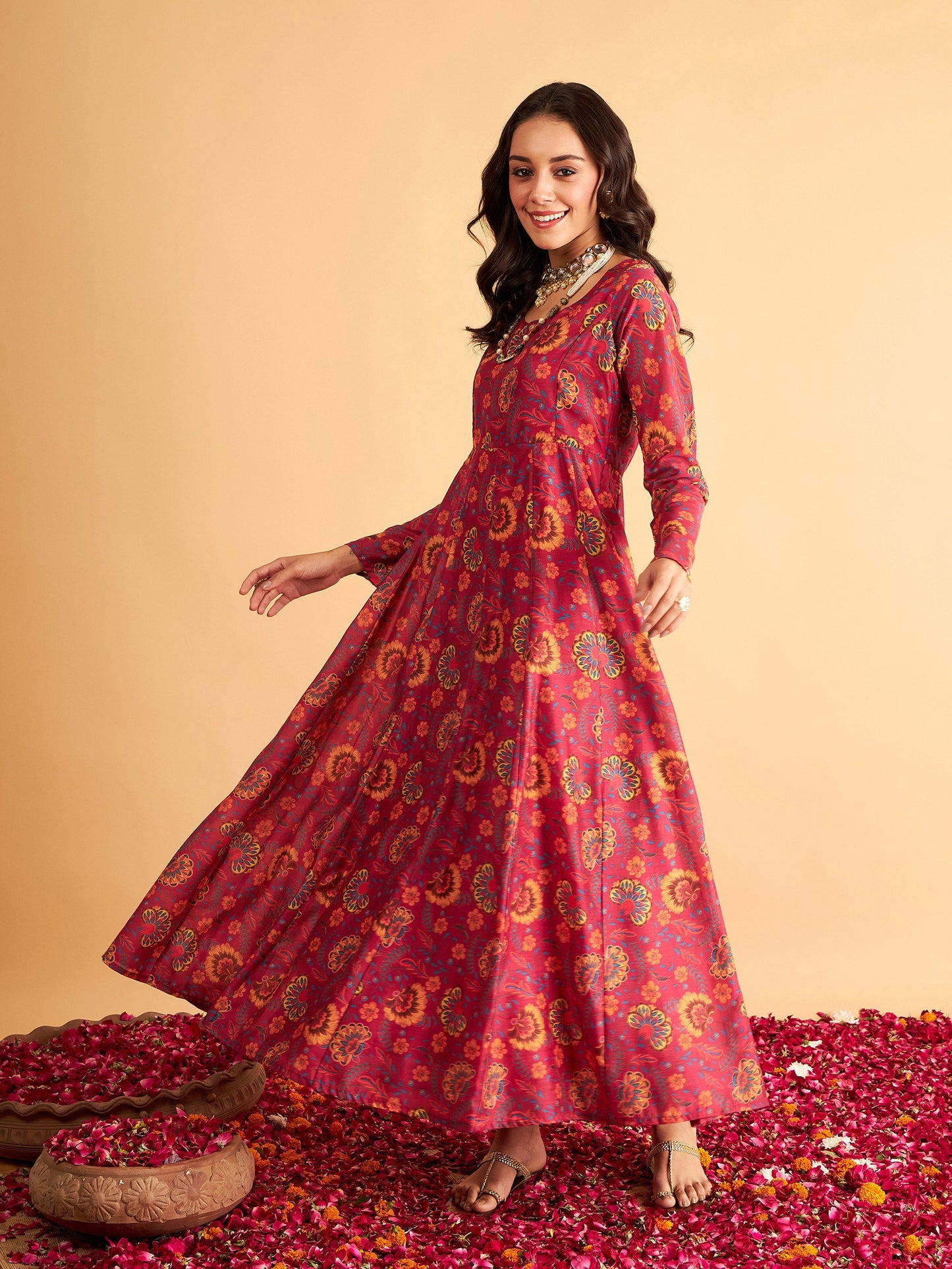 Fuchsia Floral Round Neck Anarkali Maxi Dress