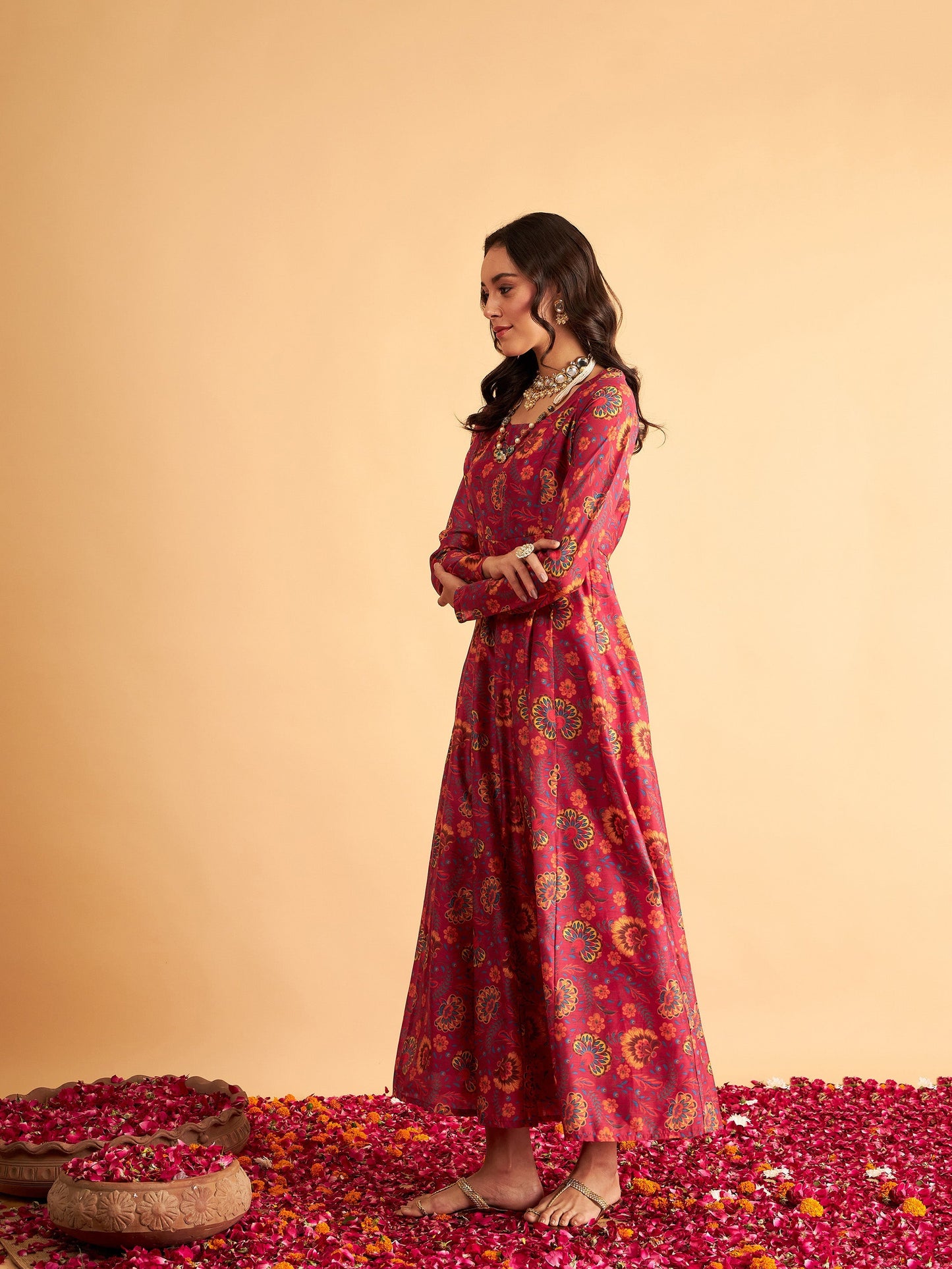 Fuchsia Floral Round Neck Anarkali Maxi Dress