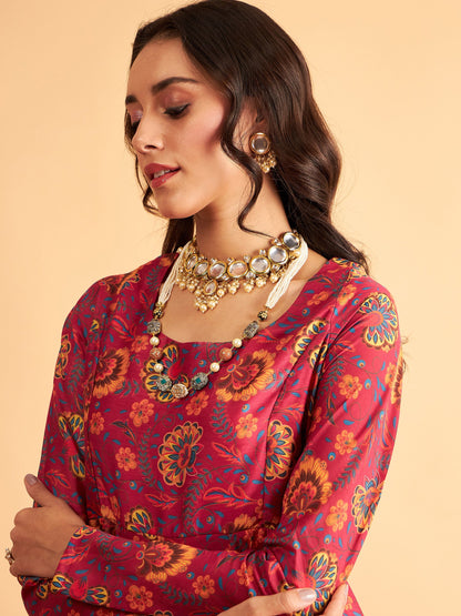 Fuchsia Floral Round Neck Anarkali Maxi Dress