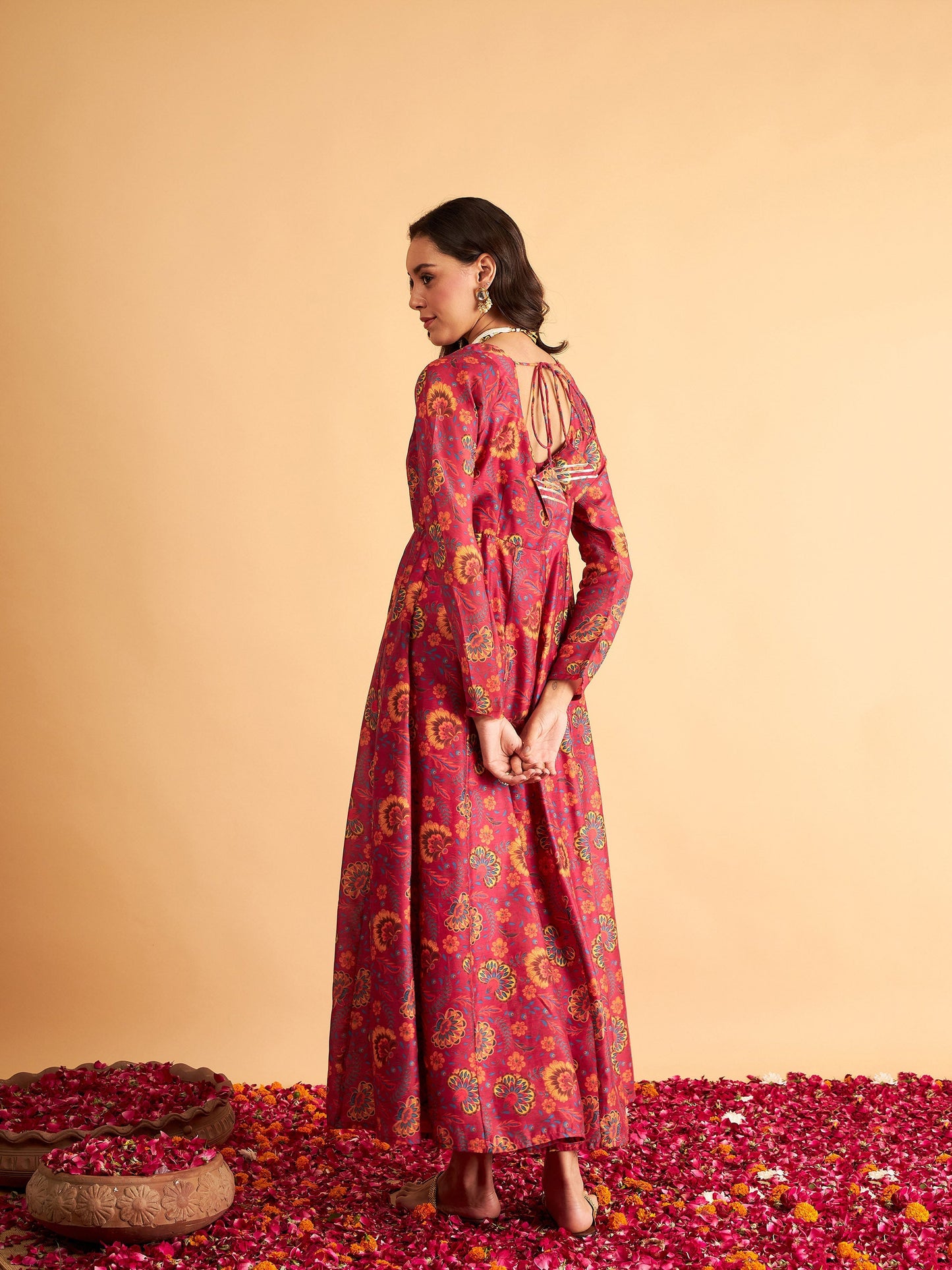 Fuchsia Floral Round Neck Anarkali Maxi Dress