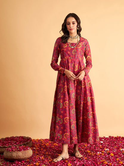 Fuchsia Floral Round Neck Anarkali Maxi Dress