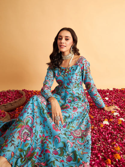 Blue Floral Round Neck Anarkali Maxi Dress