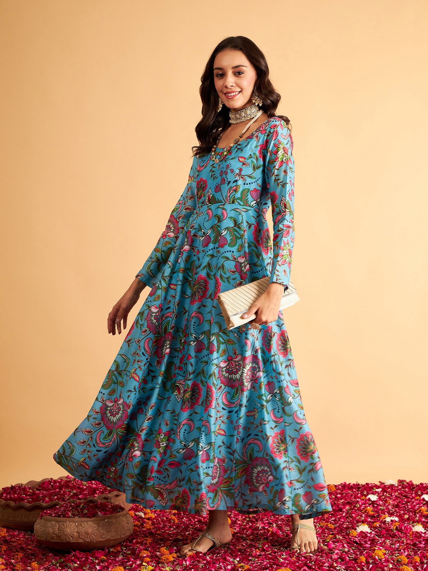 Blue Floral Round Neck Anarkali Maxi Dress