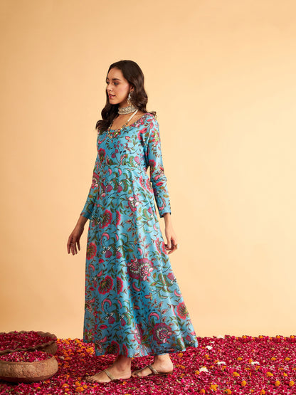 Blue Floral Round Neck Anarkali Maxi Dress
