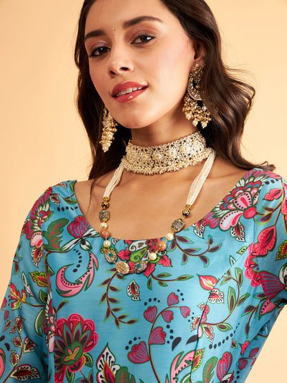 Blue Floral Round Neck Anarkali Maxi Dress