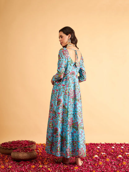 Blue Floral Round Neck Anarkali Maxi Dress