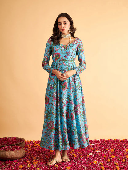 Blue Floral Round Neck Anarkali Maxi Dress