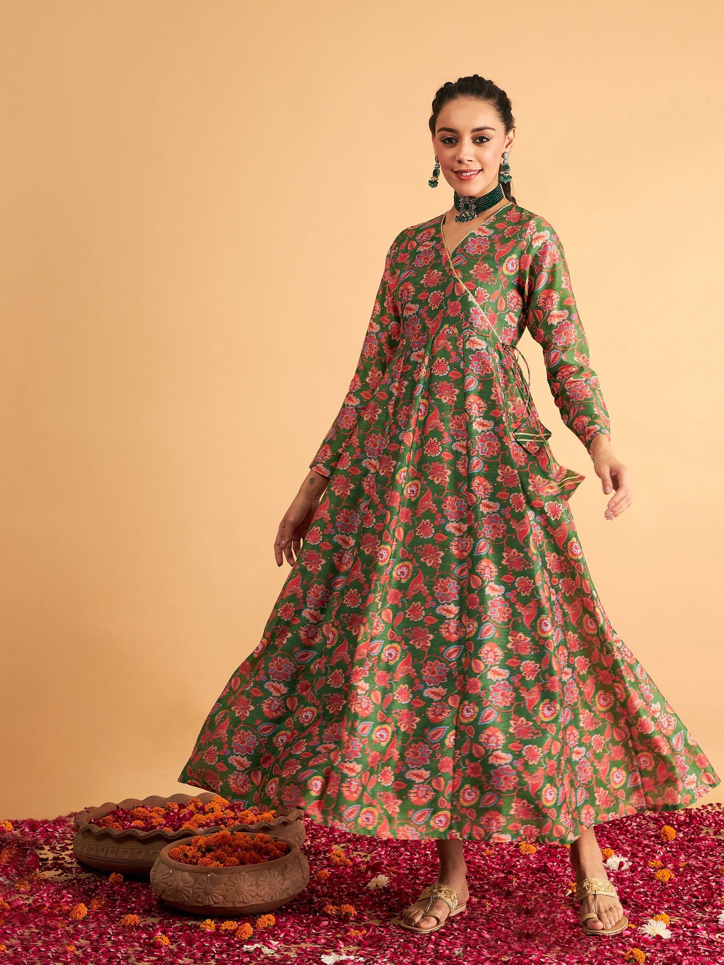 Green Floral Wrap Neck Anarkali Maxi Dress