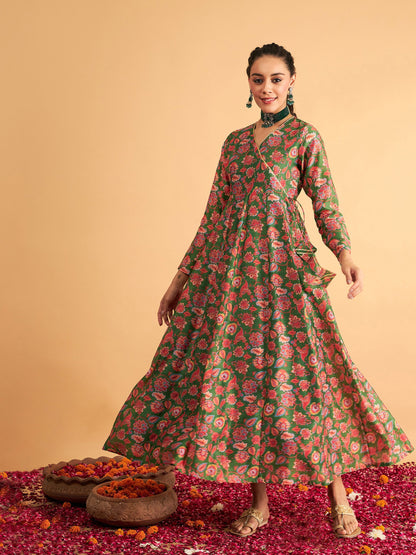 Green Floral Wrap Neck Anarkali Maxi Dress