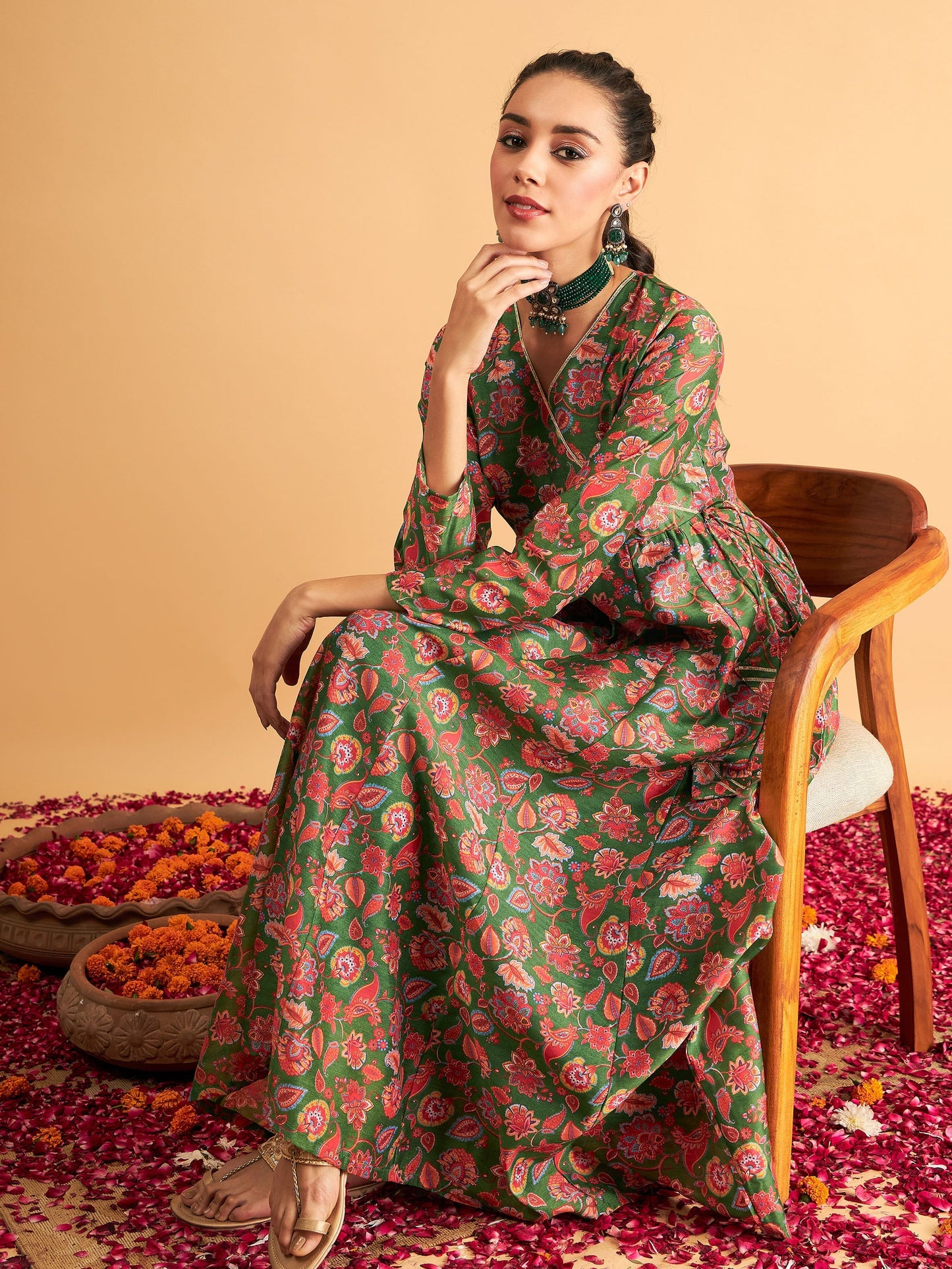 Green Floral Wrap Neck Anarkali Maxi Dress