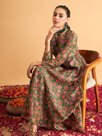 Green Floral Wrap Neck Anarkali Maxi Dress