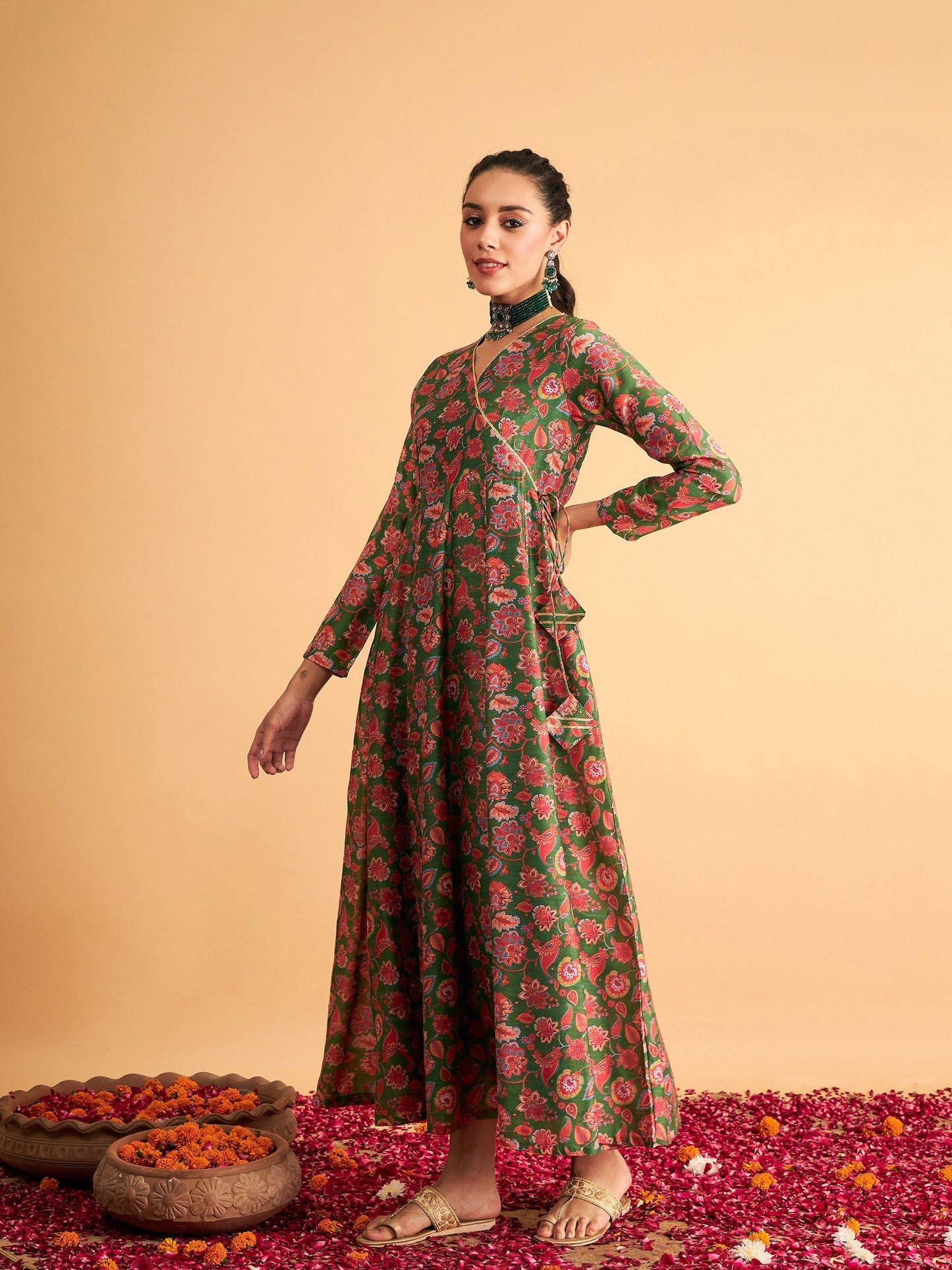 Green Floral Wrap Neck Anarkali Maxi Dress