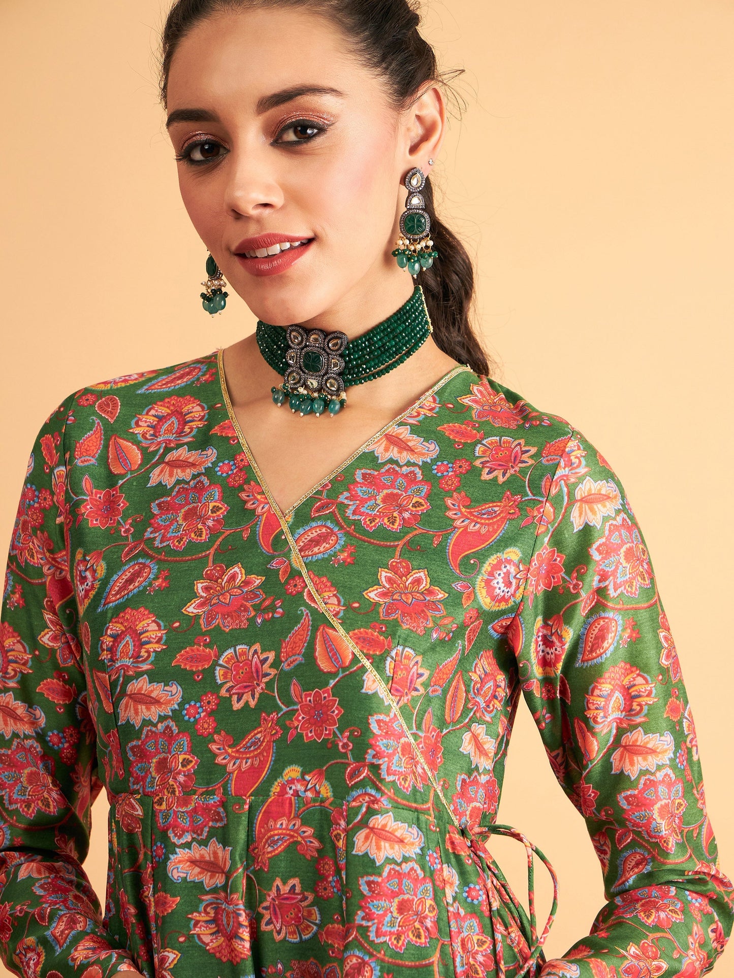 Green Floral Wrap Neck Anarkali Maxi Dress