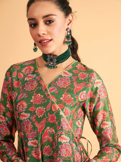Green Floral Wrap Neck Anarkali Maxi Dress