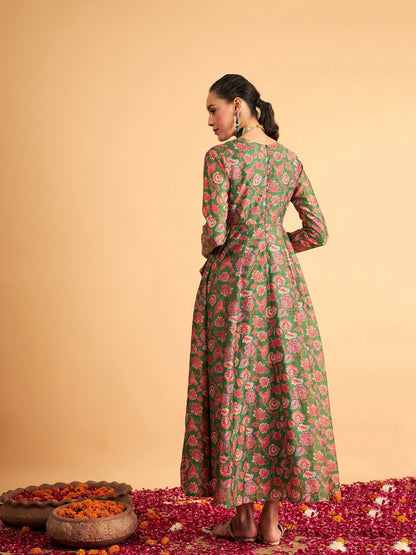 Green Floral Wrap Neck Anarkali Maxi Dress