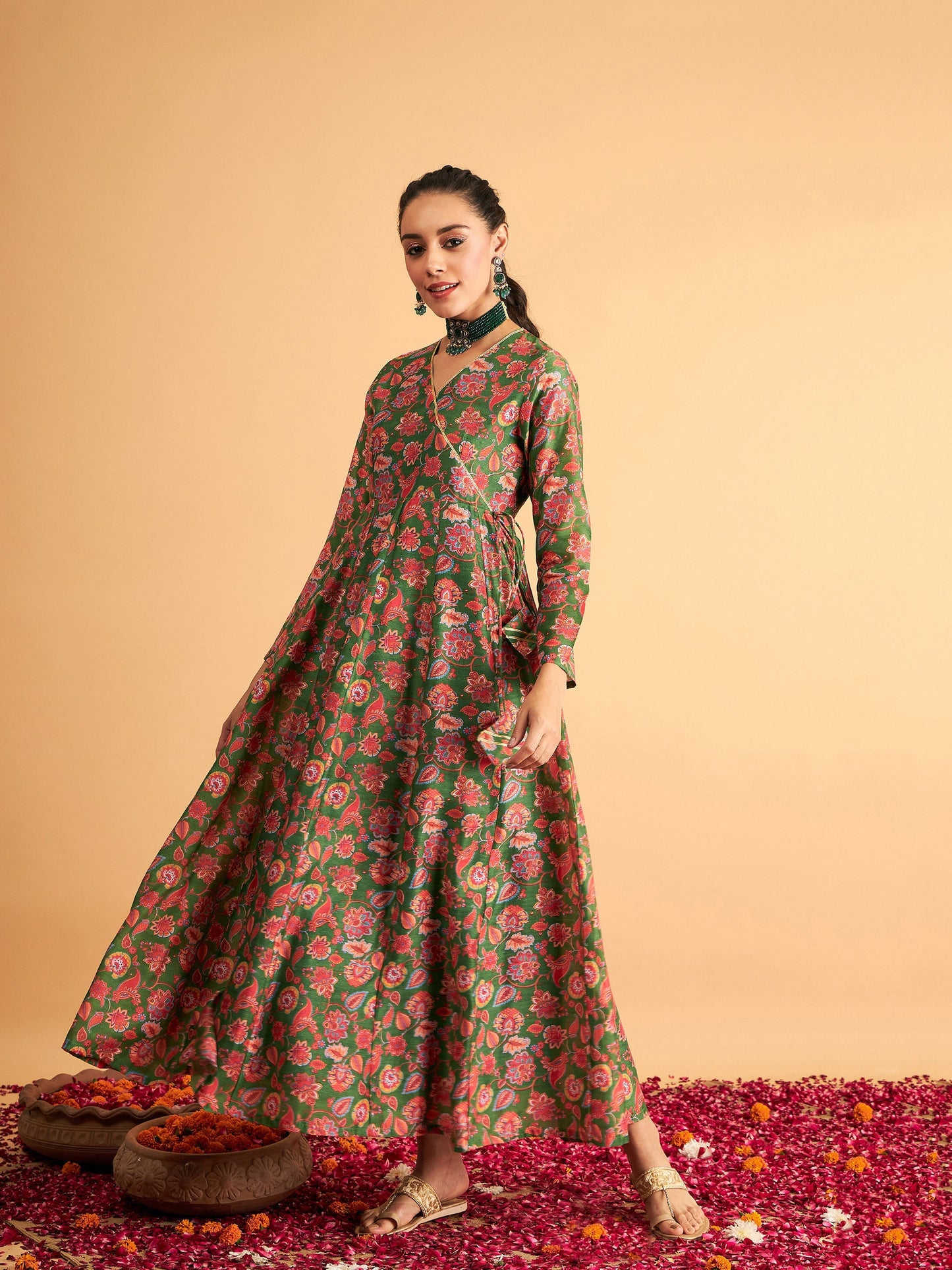 Green Floral Wrap Neck Anarkali Maxi Dress