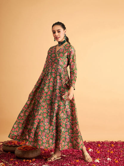 Green Floral Wrap Neck Anarkali Maxi Dress