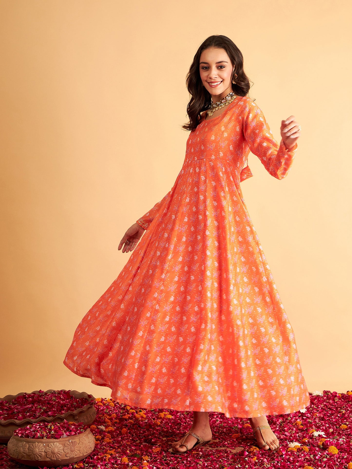 Orange Floral Round Neck Anarkali Maxi Dress