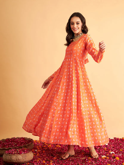 Orange Floral Round Neck Anarkali Maxi Dress