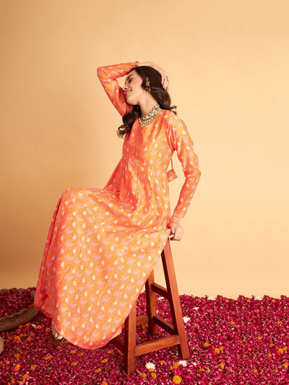 Orange Floral Round Neck Anarkali Maxi Dress