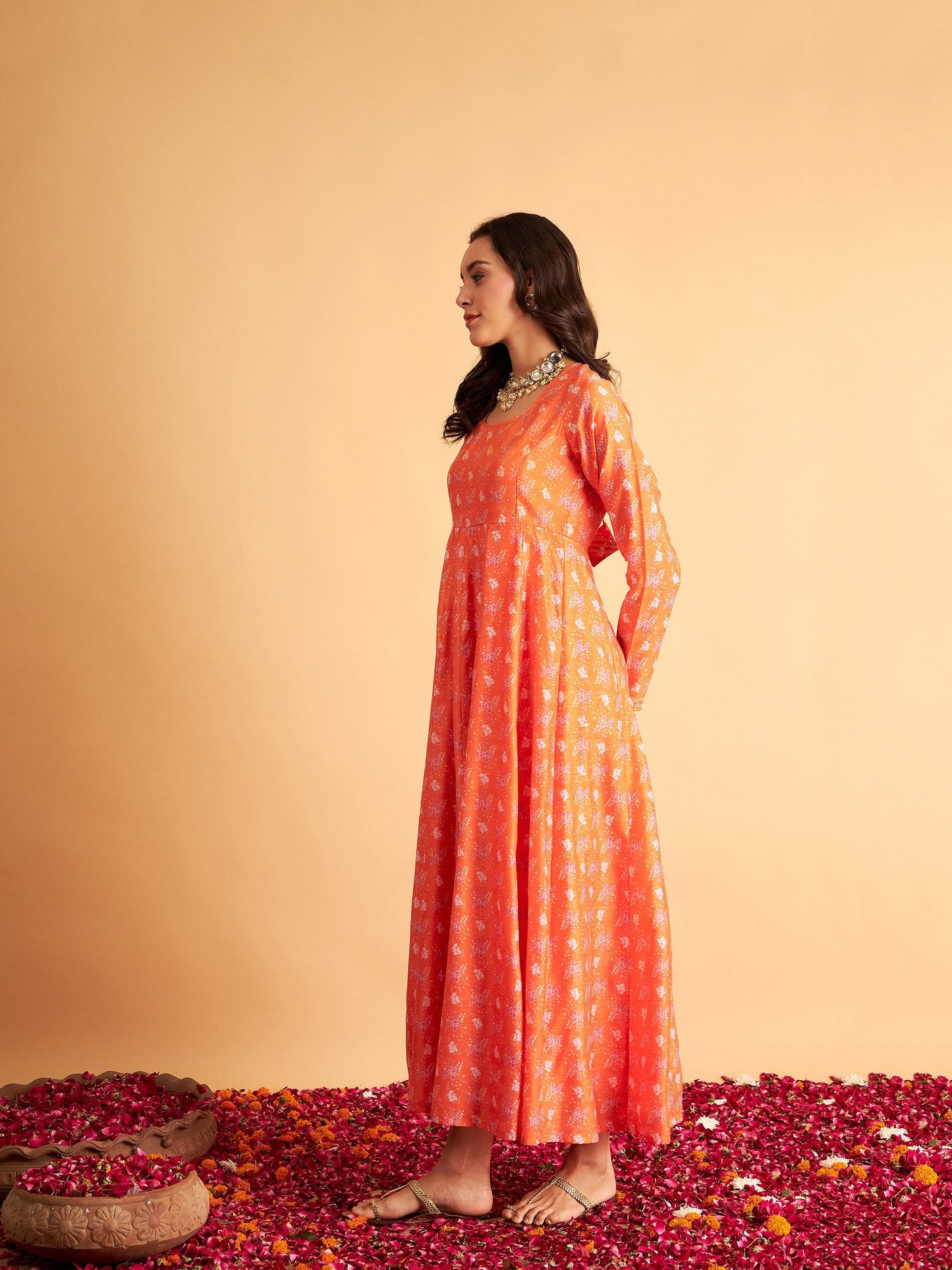 Orange Floral Round Neck Anarkali Maxi Dress