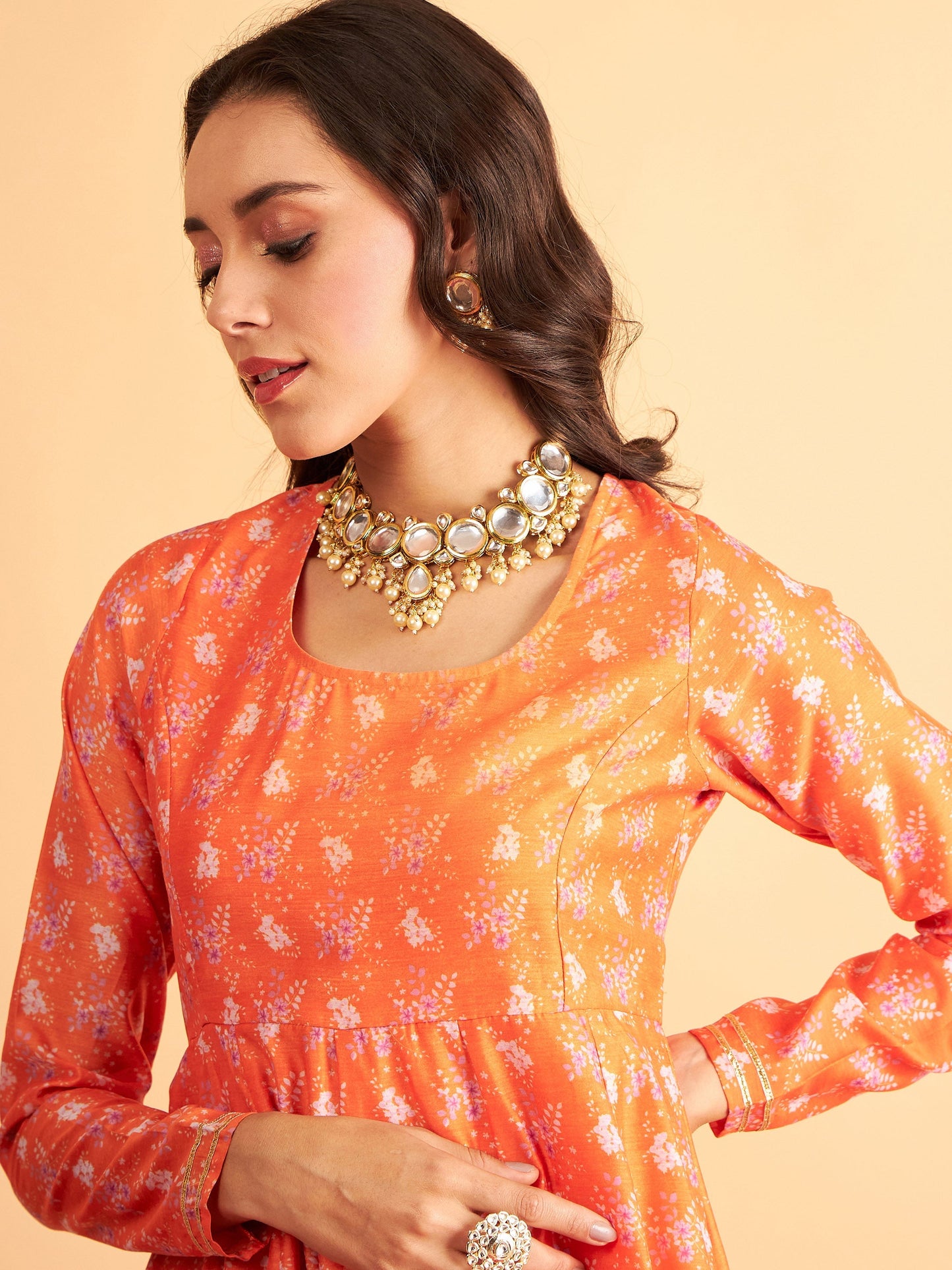 Orange Floral Round Neck Anarkali Maxi Dress