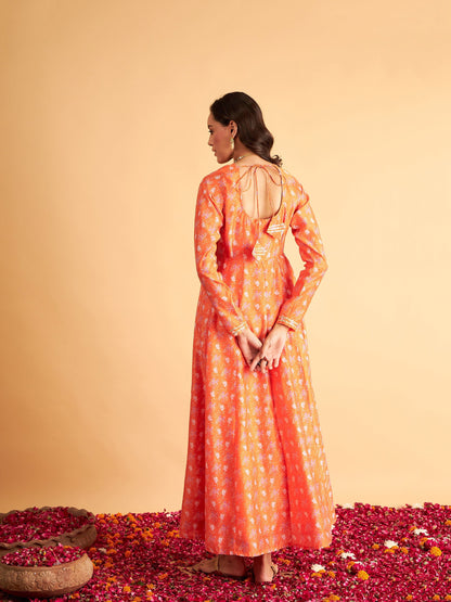 Orange Floral Round Neck Anarkali Maxi Dress