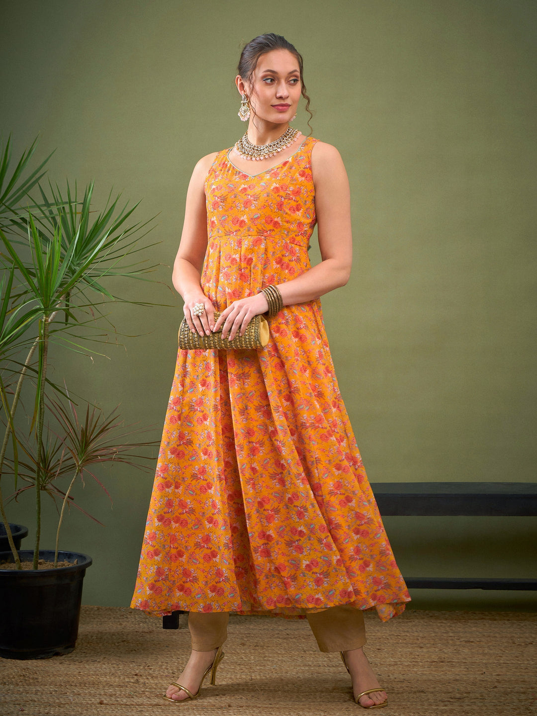 Women's Women Yellow Floral Sweetheart Neck Anarkali Kurta in Georgette by Shae for wholesale, bulk, supplier, manufacturer and wholesaler buyers from Trendphoria