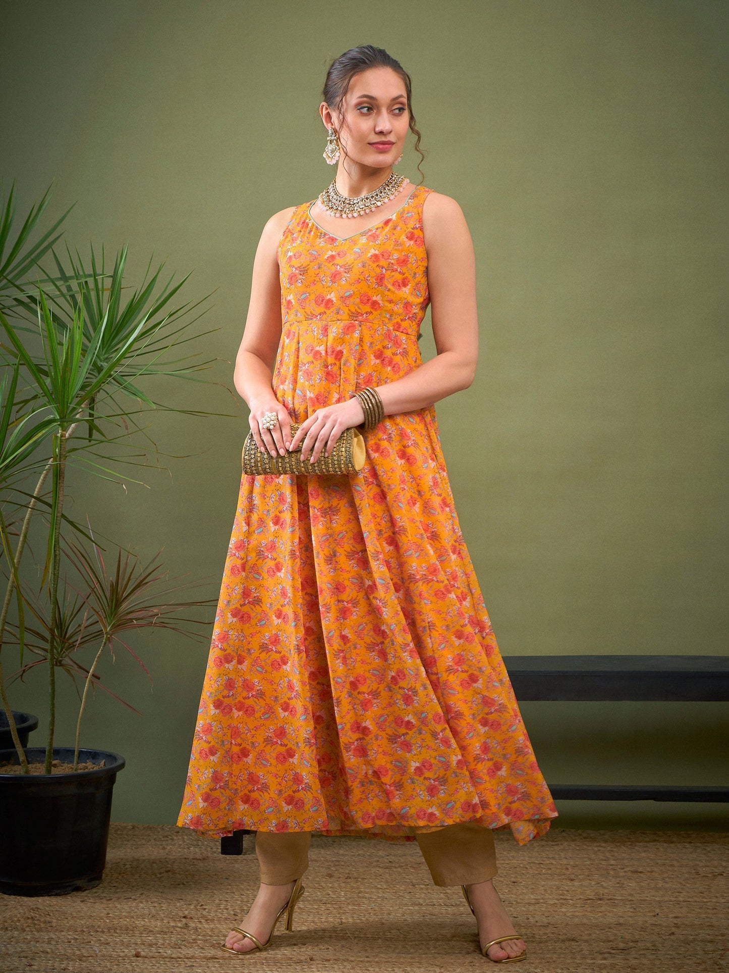 Yellow Floral Sweetheart Neck Anarkali Kurta-Shae by SASSAFRAS