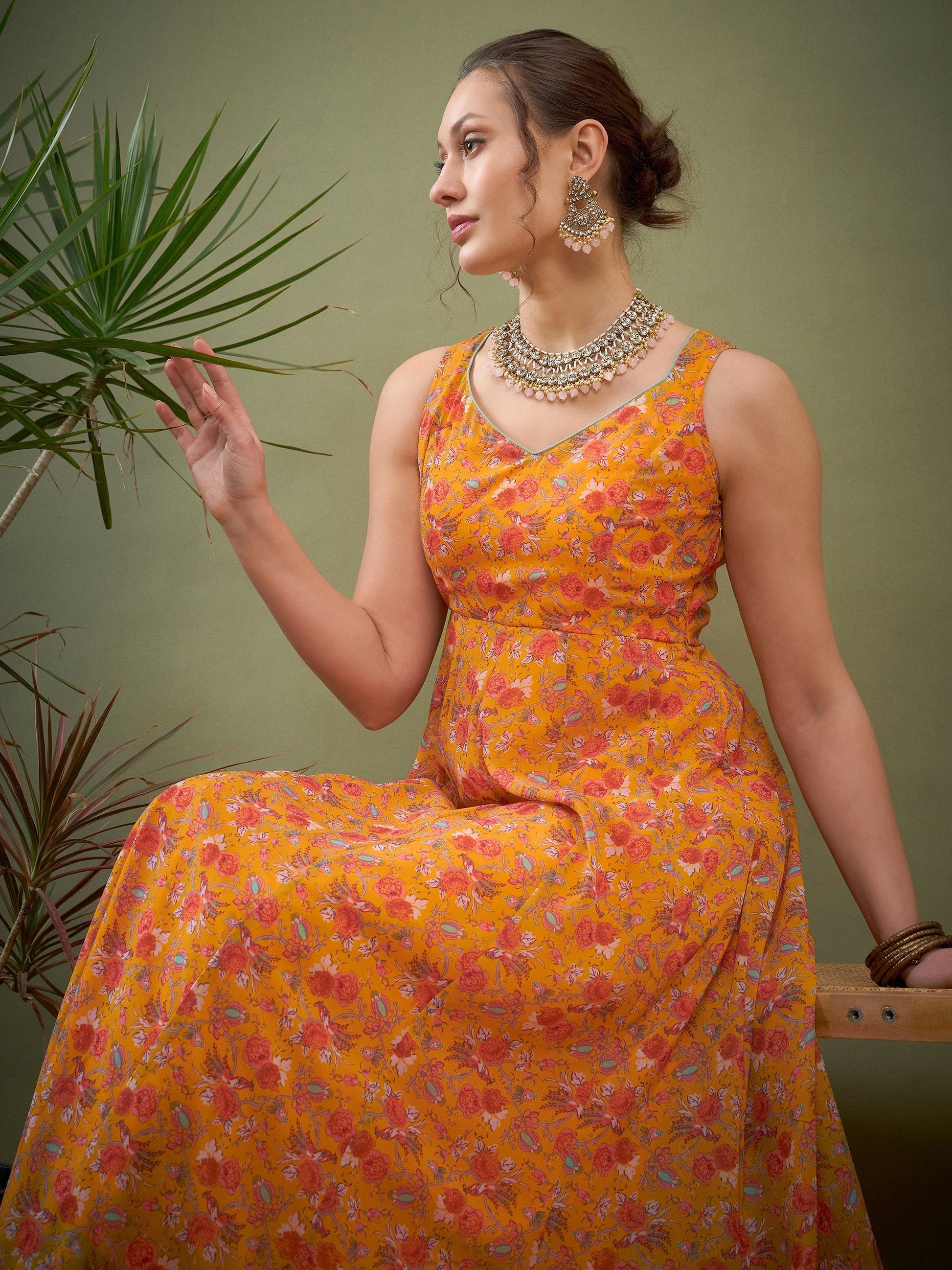 Yellow Floral Sweetheart Neck Anarkali Kurta-Shae by SASSAFRAS