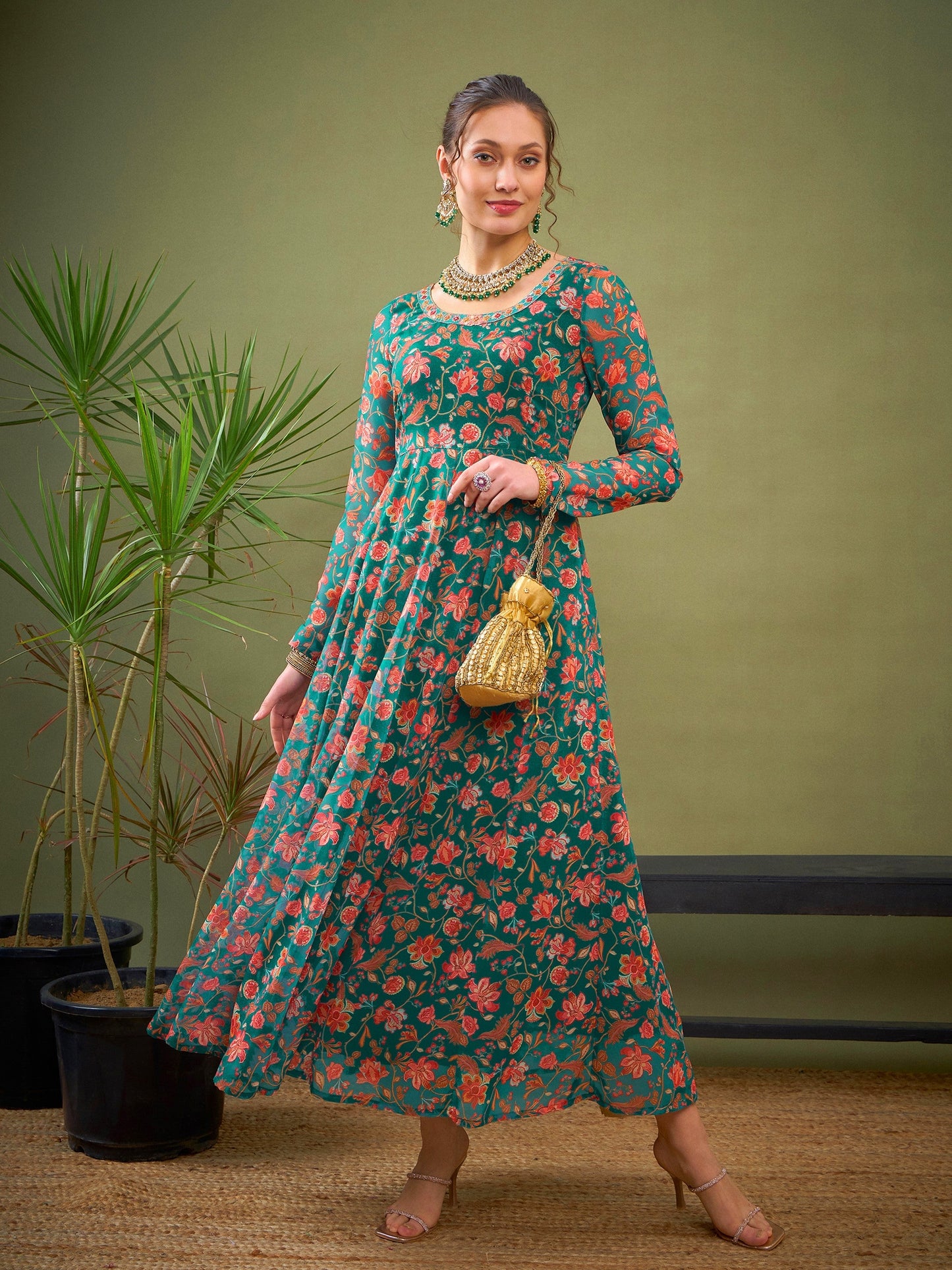 Teal Green Floral Anarkali Kurta-Shae by SASSAFRAS