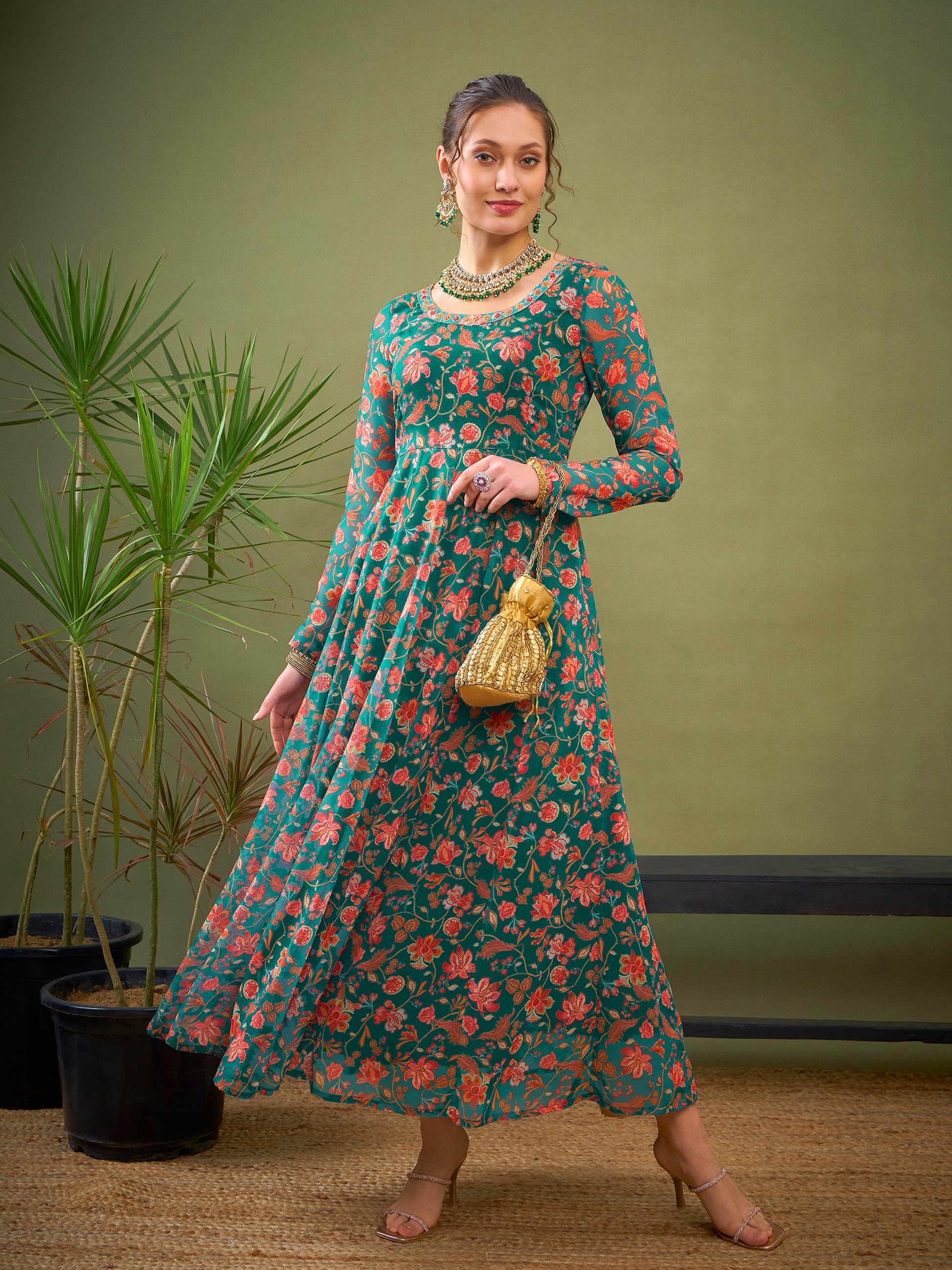 Teal Green Floral Anarkali Kurta-Shae by SASSAFRAS