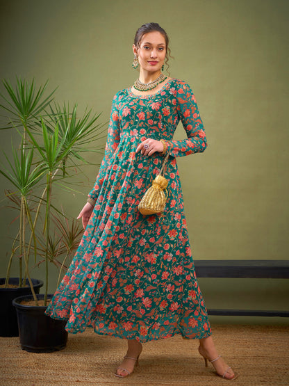 Teal Green Floral Anarkali Kurta-Shae by SASSAFRAS