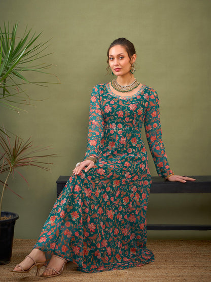 Teal Green Floral Anarkali Kurta-Shae by SASSAFRAS