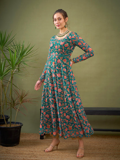 Teal Green Floral Anarkali Kurta-Shae by SASSAFRAS