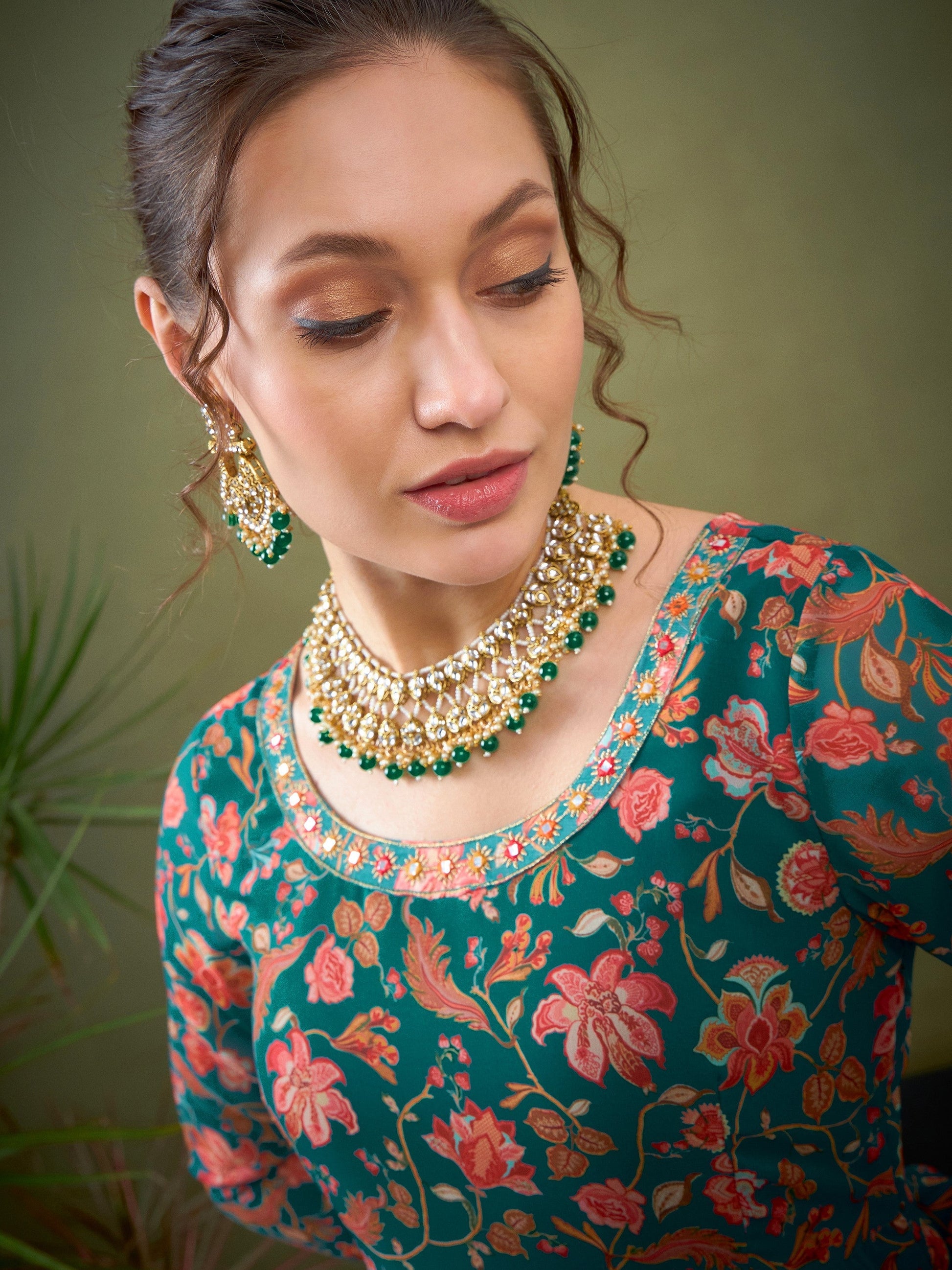 Teal Green Floral Anarkali Kurta-Shae by SASSAFRAS