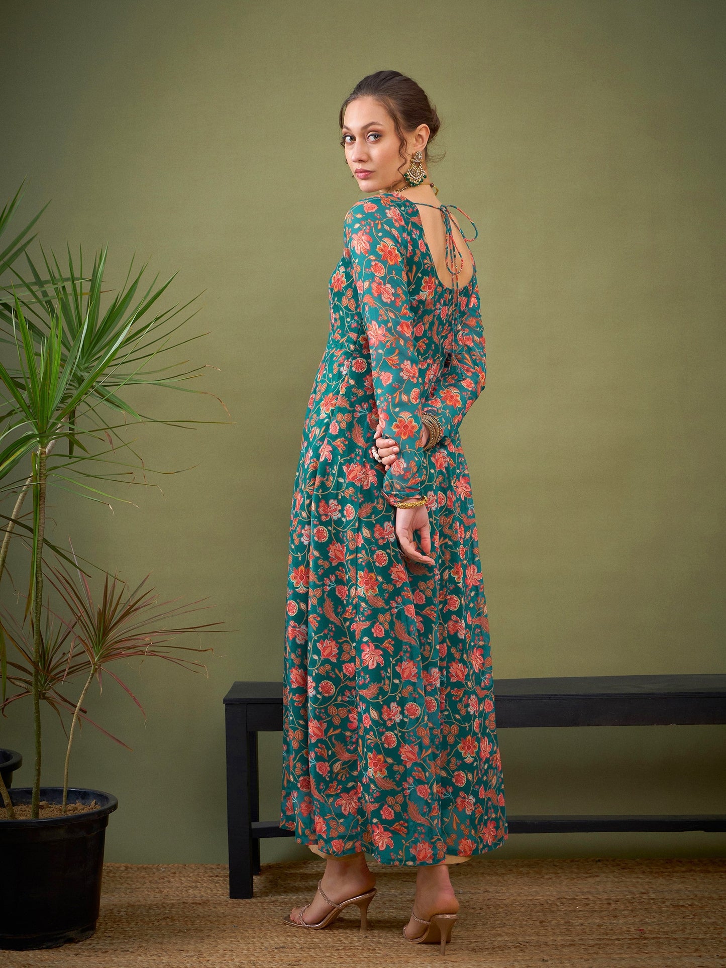 Teal Green Floral Anarkali Kurta-Shae by SASSAFRAS