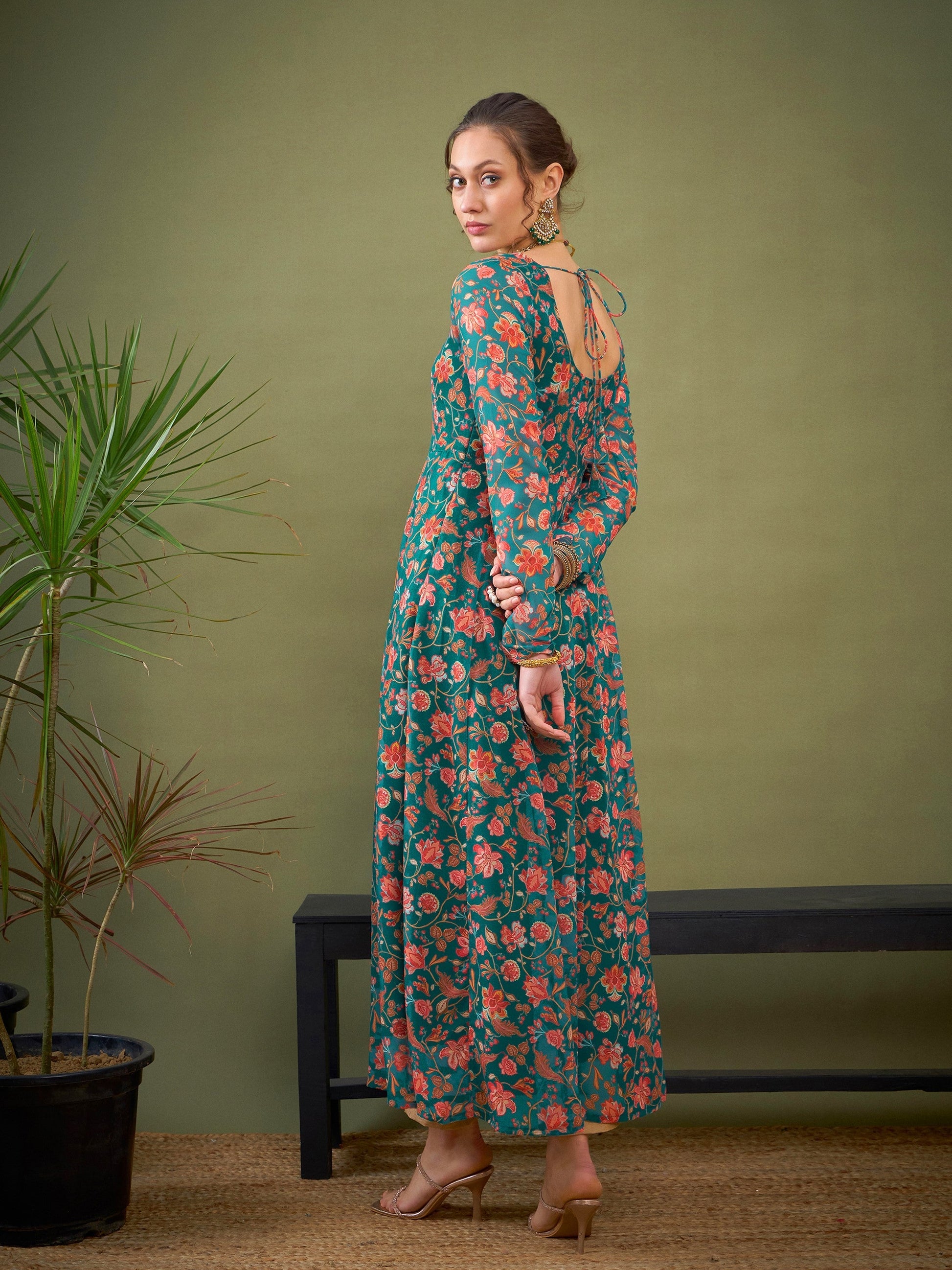 Teal Green Floral Anarkali Kurta-Shae by SASSAFRAS