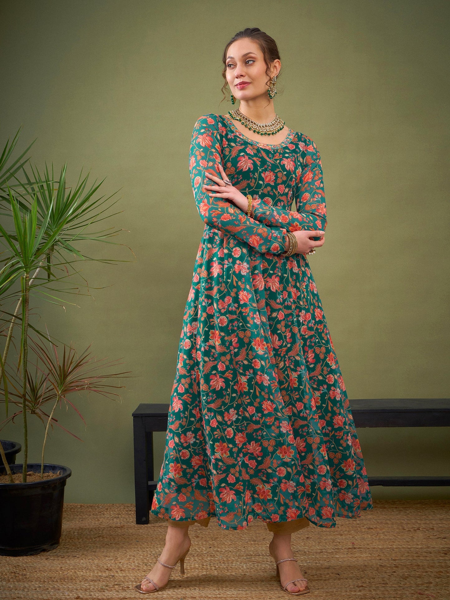 Teal Green Floral Anarkali Kurta-Shae by SASSAFRAS